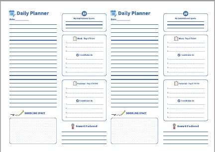 Daily Planner printable and PDF fillable with Work and Personal Task list and a new and unique Doodling Space