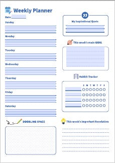 Weekly Planner printable and PDF fillable with My Quote, Week's Goal, Habit Tracking and a new and unique Doodling Space